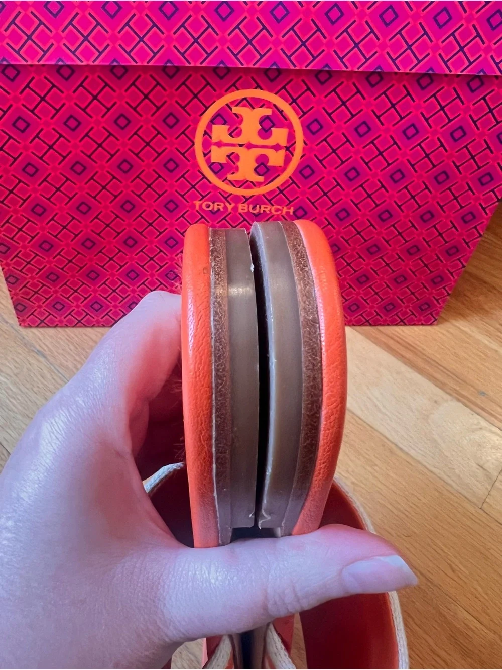 Tory Burch Orange & Cream Double T Jacquard Striped Logo Slide Sandals